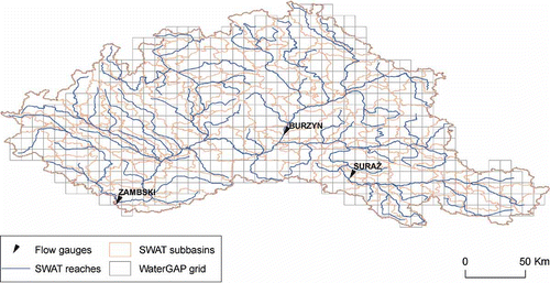 Fig. 2 Spatial discretization of the Narew basin in SWAT and the WaterGAP grid.