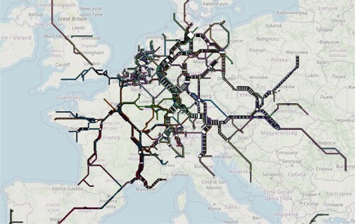 Figure 23. Octilinear map overlay of the long-distance rail network of Europe. Note that it is non-trivial to filter OSM data for long distance rail lines. For this map, we used lines tagged as either service=national, service=long_distance, service=high_speed, or highspeed=yes. In many parts of Europe (e.g. Italy, Spain, or the United Kingdom), tags classifying train routes as long distance are rare.