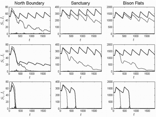 Figure 7. Five-year solution curves for prairie dog classes Si(t) and Ii(t) for three patches (i=11, 7, and 2, north to south from left to right) and for unblocked flea proportions α2=0 (top row), 0.5 (second row), and 1 (third row), based on the ODE model (dark) and one sample path of the SDE model (light) for the initial conditions given in Equation (Equation12Ii(0)=0,Yih(0)=0,YihB=0,Yit(0)=0,i=1,…,11,Ni(0)=5Ai,Nih(0)=0.675Ni(0),Nit(0)=0,i=1,…,11,), and introducing two infected prairie dogs in North Boundary on day 120:I11(120)=2. For this example, only O. hirsuta is modelled, without O. t. cynomuris. Blocked individuals are not as effective at transmitting plague as unblocked.