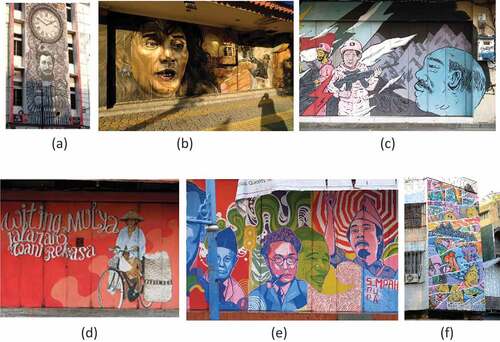 Figure 1. Mural at Gatot Subroto Street: (a) behind timepiece machine, (b) Susi Pudji Astuti, (c) Make Love Not War, (d) Witing Mulya Jalarang Wani Rekasa, (e) Spirit Sumpah Pemuda (f) Having Fun.