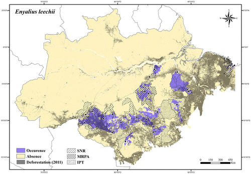 Figure 71. Occurrence area and records of Enyalius leechii, showing the overlap with protected and deforested areas.