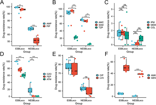 Figure 4 Statistical differences in antibiotic resistance rates of (A) penicillins, (B) penicillin/enzyme inhibitor, (C) carbapenems and colistin, (D) cephalosporin and aztreonam, (E) quinolones, and (F) aminoglycosides. ESBLeco, extended spectrum beta-lactamase-producing E. coli; NESBLeco, non-extended spectrum beta-lactamase-producing E. coli. *p <0.05; **p <0.01; ***p <0.001; ns: no statistical significance.