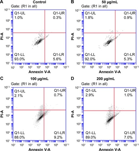 Figure 8 Annexin V/PI staining of LO2 cells incubated with Fe-HNT-Eu NC at 0 µg/mL (A), 50 µg/mL (B), 100 µg/mL (C), and 200 µg/mL (D) for 24 hours.Abbreviations: HNT, halloysite nanotube; NC, nanocomposite; PI, propidium iodide.