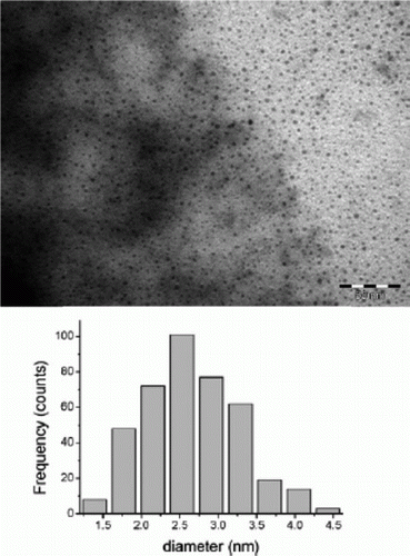 Figure 10.  TEM image and size distribution of iron nanoparticles that are used as catalysts for alkene and alkyne hydrogenation reactions (45). Reproduced by permission of the Royal Society of Chemistry.