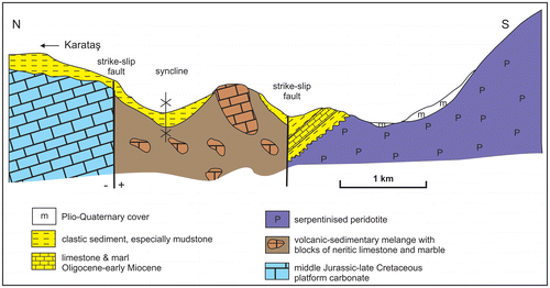 Figure 35. Influence of Plio–Quaternary strike-slip related to the North Anatolian Transform Fault, as seen along the NE margin of the ophiolite in the Erzincan area. Ophiolitic peridotite is juxtaposed with the volcanic-sedimentary and ophiolitic melange by a strike-slip fault. Another strike-slip fault separates the melange from the Eurasian carbonate platform to the north. The Oligocene–Miocene cover of both the ophiolite and the melange was folded (Late Miocene?) prior to Plio–Quaternary fault displacement.