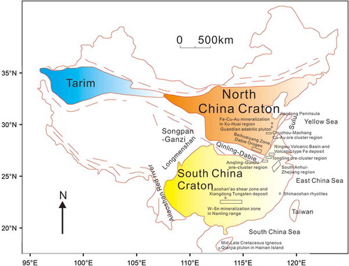 Figure 1. Localities of the important tectonic belts, ore deposits and igneous rocks related to the special issue ‘Jurassic and Cretaceous (Yanshannian) Tectonics, Magmatism and Metallogenesis in South China’.