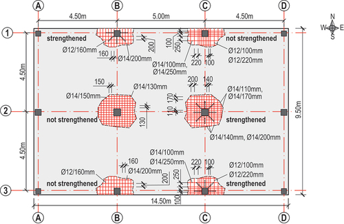 Figure 5. Strengthened slab-column connections and layout of top flexural reinforcement (units: mm unless noted otherwise).