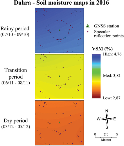 Figure 13. Dahra SM maps generated from the results of 3 days heffunw−cal during the rainy, transition and dry periods in 2016 by interpolating the specular reflection points (red dots) around the GNSS station (the ground surface is considered flat).