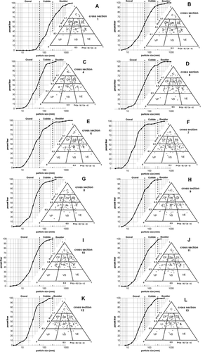 Figure 4 Particle size and shape (Sneed and Folk triangular diagram) distributions at the different cross sections, C—compact, P—platy, B—bladed, and V—very.