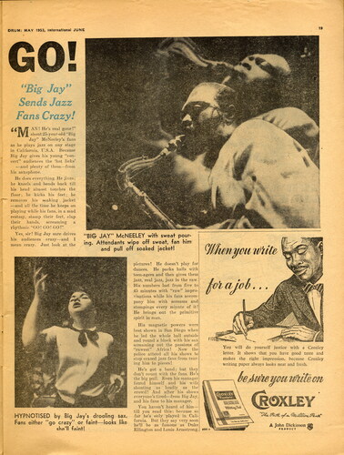 Figure 5. Drum’s coverage of ‘Big Jay’ McNeeley performing in California. (‘Go! Go! Go! “Big Jay” Sends Jazz Fans Crazy!’, Drum, Johannesburg, May 1953, p. 19. Copyright © Baileys African History Archive / Africa Media Online / african.pictures.)