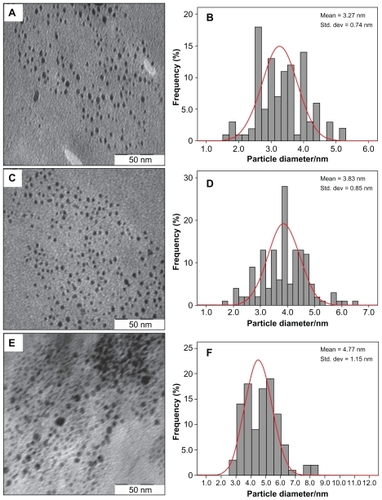 Figure 3 Transmission electron microscopy images and their corresponding size distributions of Ag/PLA-NCs at different Ag-NP percentages: 8 (A, B), 16 (C, D), and 32 wt% (E, F).Abbreviations: PLA-NC, poly (lactic acid) nanocomposite; Ag-NP, silver nanoparticle.