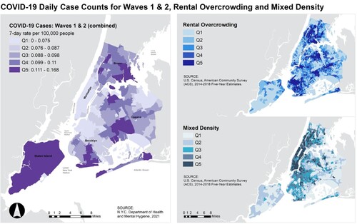 Figure 7. COVID-19 Wave 1 and Wave 2 mapped in comparison to rental overcrowding and mixed density in each census tract.