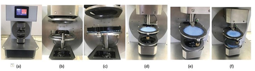 Figure 3. Test procedure: (a) appearance of the instrument (position before test) and (b) position before the sample placement (the rotary unit rotates 180°C with respect to the horizontal measurement position). (c) The fabric sample is placed in the sample holder and the sample holders are locked. (d) The rotary unit rotates 180°C with respect to the horizontal measurement position and the sample holder upper part is positioned above and the lower part is positioned below. (e) Instrument is ready for the measurement (dropper is positioned). (f) Wetted fabric appearance.