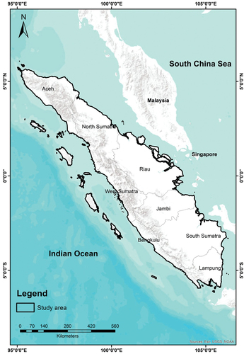Figure 1. Location of the study area. Gray color indicates topographic landscape over the Sumatra Plain.