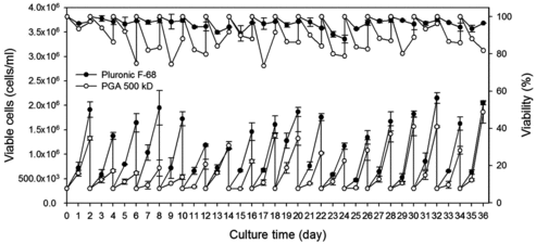 Figure 1. Growth and viability profile of rCHO cells during adaptation in suspension with Pluronic F68 and γPGA. Cells were adapted to 0.1% (w/v) of Pluronic F68 (•) and 0.075% (w/v) of γPGA 500 kD (○). Values indicate mean ± SD of triplicate cultures. The upper part of the graph is for per cent of viability and the lower part is for viable cells density.