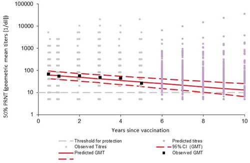 Figure 2. Observed and predicted geometric mean titers from M6 to M10 in toddlers (12–24 months), using the linear model.