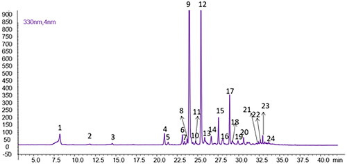 Figure 5. Chromatographic profile of P. casabonae leaves extract (λ = 330 nm). Compound numbers refer to Table 3.