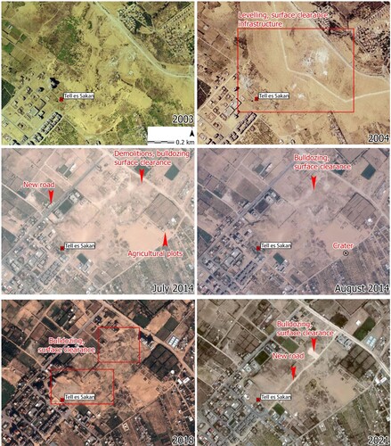 Figure 6. Landscape changes around Tell es Sakan between 2003 and 2021 (produced on ArcGIS Pro using publicly available imagery from geomolg,ps).