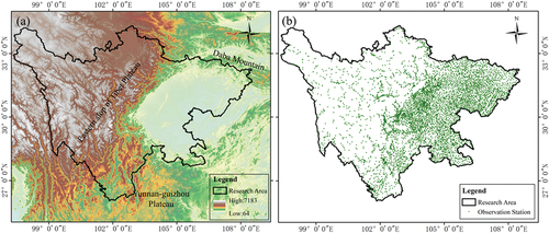 Figure 1. Topography and spatial distribution map of stations in the study area. (a stands for the spatial distribution of topography, and b stands for the location of rain gauge stations).