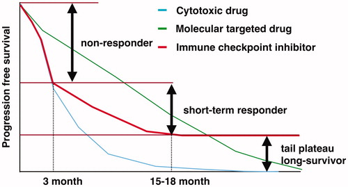 Figure 1. This figure describes the features of progression free survival curves of cytotoxic drug, molecular targeted drug and immune checkpoint inhibitor. The patients treated with immune checkpoint inhibitors are divided into three groups according to antitumor effects, non-responder, short-term responder and long-survivor.