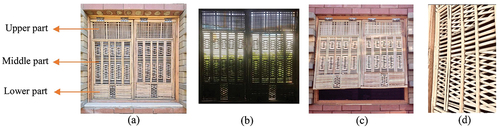 Figure 4. Manufactured static shutter. (a) from outside, (b) from inside, (c) opened, (d) slats detail. (photos by the author).