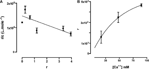 Figure 2 Calcium binding to purified IAP. Panel A: Scatchard plot, calcium concentration below 10 mmole/L. Panel B: kinetics of calcium binding with calcium concentrations above 20 mmole/L. Each point represents the mean ± SEM of three replications of the experiment.