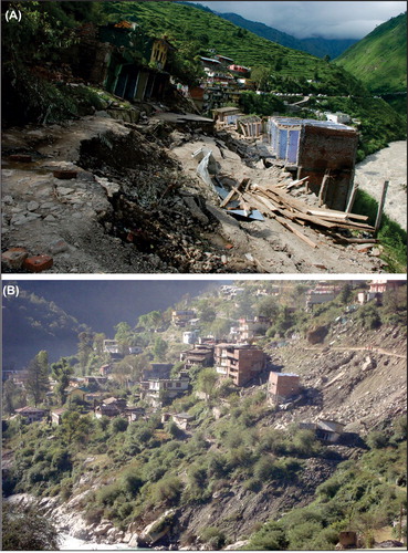 Figure 6. (A) and (B) two pictures of Bhatwari settlement after 2010 extreme rainfall and during the winter of 2014. Since then there is no respite as the slopes are continuously creeping. What was really worrisome that the Loharinag-Pala project power house was coming up just above the town.
