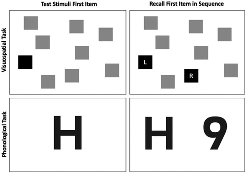 Figure 1. The left column shows an example of the first Corsi block item presented in a sequence and the first letter/number item presented in the Letter-Digit Sequence. The right column shows an example of the corresponding forced choice recall which was displayed to participants for the first item in the sequence. In both tasks, the participant chose whether the left or the right of the two response items matched the one shown at encoding. This process was then repeated for each item in the sequence. For the pilot study the sequence length was increased until span was achieved, while for the driving study a fixed sequence length of five items was used.