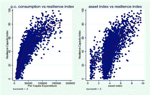 Figure 8. Per capita consumption and asset index vs. RCI—baseline only.