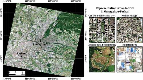 Figure 1. The twin-city metropolitan area of Guangzhou-Foshan (22.86°N~23.41°N, 112.97°E~113.56°E). The acquisition date of the Ziyuan-3 (ZY-3) image is 14 April 2015. The spatial resolution is 2 m. The black dots show the locations of the centers of Guangzhou and Foshan, which are delineated according to the official maps of these two cities.