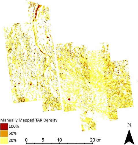 Figure 2. Manual map of ripple distribution across the central Mawrth area. Patches of bedforms are digitised. Patches with 100% TAR coverage are shown in dark red, while 50% coverage is shown in mid-toned orange, and 20% coverage in pale yellow. Areas with discontinuous coverage (20% and 50%) are much more common than areas with 100% cover. Patches with 100% cover are only seen in a few places, such as the interiors of valleys and craters. 20% coverage areas are more common, but are still not evenly distributed across the area, being generally denser to the northwest of the region. The edges of some HiRISE images correspond to changes in TAR density. This is likely due to the illumination conditions in those images affecting how well the TARs could be resolved. We recommend downloading the online version of this figure, to better see the small details.