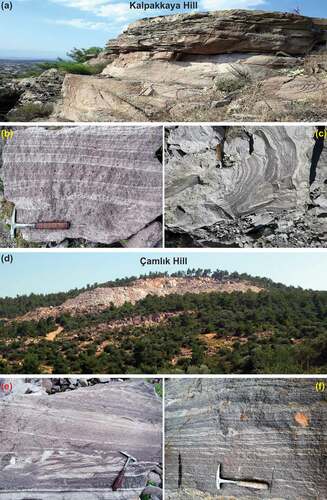 Figure 3. A-d) General view of the volcanic rocks around the Kalpakkaya and Çamlık Hills, b-d) white – red banded, c-e) white grey banded and folded dacitic lavas