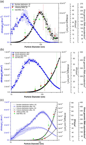Figure 1. Particle size distributions by number and by volume obtained from the SMPS, infectious MS2 size distribution obtained through plaque assay, and total MS2 size distribution obtained from RT-qPCR, for three aerosolized suspension media: (a) DI water, (b) BES, and (c) AS. All the data points measured with SMPS were repeated four times. Data points of DI water for both infectious and total MS2 were triplicates, while for BES and AS, data points were repeated twice. Standard deviations were calculated and shown in the figures as error bars.