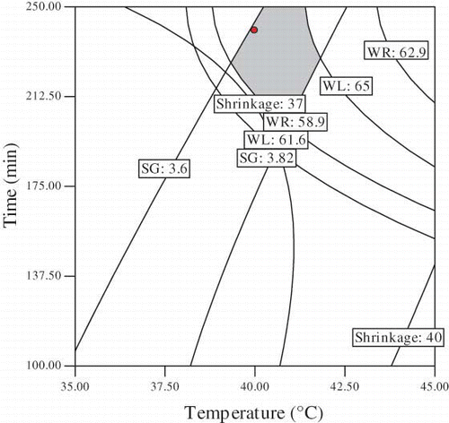 Figure 4 The optimum region by overlaying contour plots of the four responses evaluated (WL, WR, SG, and shrinkage) as function of immersion time and temperature (at constant sugar concentration, 60 g/100 g sample).