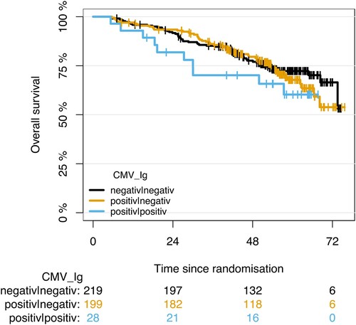 Figure 3. Overall survival in CMV IgG-negative/CMV IgM-negative patients, CMV IgG-positive/CMV IgM-negative patients and CMV IgG-positive/CMV IgM-positive patients. No statistically significant differences between the three OS curves were found (p = 0.44).