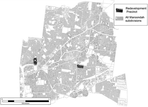 Figure 7. Two redevelopment precincts. The first abutting a major commercial activity centre to the west, the second leveraging a minor commercial activity centre to the east. Source: Authors.