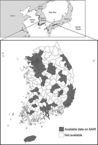 Figure 1. Study area and data availability in the final target population. Study area is South Korea, and among a total of 242 municipalities in South Korea, air quality data were available for 133 municipalities.