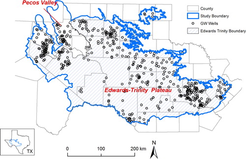 Figure 3.  Map of the interconnected ETPV aquifers (the groundwater wells are in circles).