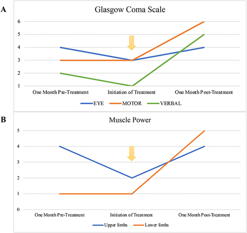 Figure 6 Clinical progression measured by Glasgow Coma Scale and muscle strength evaluation. (A) Displayed improvement in Eye, Motor, and Verbal responses as per the Glasgow Coma Scale. (B) Illustrated the increase in muscle power for both upper and lower limbs. The initiation of combined treatment is denoted by a yellow arrow.