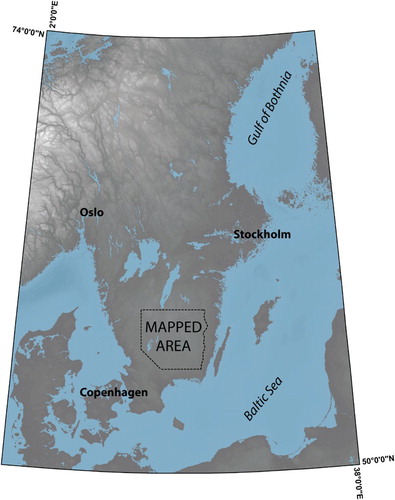 Figure 1. Overview map. Northeastern Europe with the mapped area in a black dotted box. Elevation data derived from the GEBCO dataset, GEBCO_2014 Grid, version 20150318, www.gebco.net.