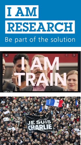 Figure 7. Examples of ‘I am’ campaigns. (a) NIHR I am Research campaign: https://www.spcr.nihr.ac.uk/news/nihr2019s-i-am-research-and-nhs70-campaign-kicks-off; (b) Trainline I am train advertisement: https://www.campaignlive.co.uk/article/trainline-i-am-train-anomaly-london/1363512; (c) Je Suis Charlie supporters: https://twitter.com/gilbertovaladez/status/1479541663005609994?s=12.