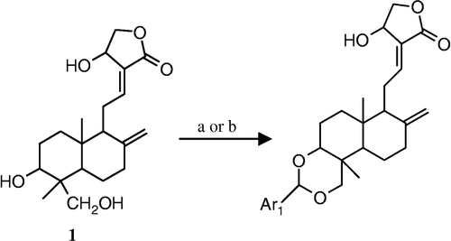 Scheme 1 Synthesis of andrographolide derivatives. Reagents and conditions: (a) ZnCl2/DMSO/RT/5-6 h (b) pyridinium p-toluenesulphonate/DMSO/60 – 70°C/2-3 h.