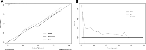 Figure 4 Calibration curve (A) and decision curve analysis (DCA, B) of the nomogram for predicting the risk of early infections.