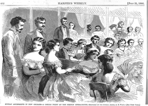 Figure 1. “Sunday Amusements in New Orleans – A Creole Night at the French Opera House.” Harper’s Weekly, 21 July 1866, 452. Schomburg Center for Research in Black Culture, Photographs and Prints Division, The New York Public Library Digital Collections. http://digitalcollections.nypl.org/items/510d47de-18d6-a3d9-e040-e00a18064a99.