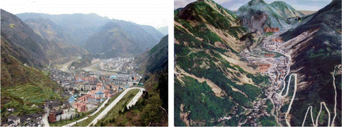 Figure 1.  Beichuan County Town of Wenchuan earthquake area in May 2008. Left: oblique photo before the earthquake; Right: 3-D airborne remote-sensing image after the earthquake.