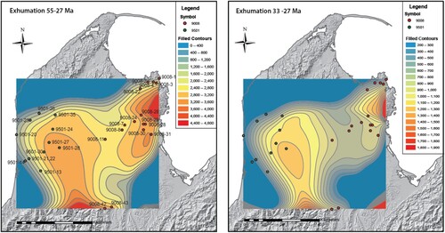 Figure 13. Maps showing estimates of the distribution of erosion for 55–27 Ma and 33–27 Ma across NW Nelson derived from inverse modeling of apatite fission track data for basement samples (see Table in S8 for the exhumation value for each sample). The uneven distribution of the sample locations within the modelled area, together with the samples not having extended to the natural boundaries of the exhumed area, mean that the contour maps show model artifacts and therefore only give a general indication of the distribution and amount of Eocene to Early Oligocene exhumation and erosion. The two belts of more marked exhumation coincide with the Pikikiruna and the broader Haupiri Dome (Lillie Citation1980), which may reflect more marked Late Neogene erosion of basement.