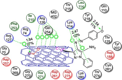 Figure 12 2D Lignad interaction of CNTs-1c with the active site of 1UBY.Abbreviation: CNTs, carbon nanotubes.