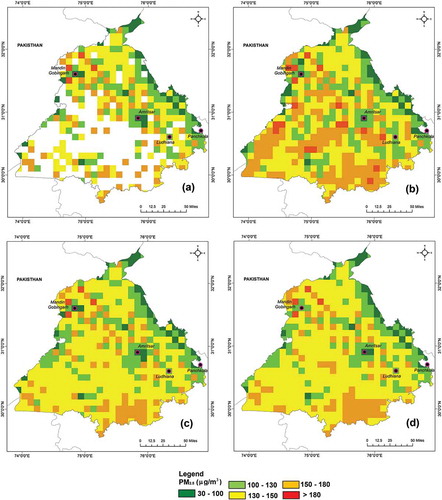 Figure 9. (a) PM2.5 concentrations for April 2017 (b) Gap – filled spatiotemporal interpolation by mixed effects model implemented using spline interpolation (c) using Ordinary Kriging (d) using the IDW method for Punjab.
