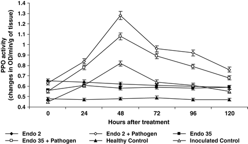 Figure 3.  Polyphenol oxidase activity in black gram against M. phaseolina in response to P. fluorescens isolates Endo2 and Endo35. The enzyme activity was measured calorimetrically. Samples were analyzed thrice, and the experiment was performed twice. The treatment values from two independent experiments were averaged and plotted by time. Bars indicate standard error of the mean and LSD (p = 0.05) = 0.05.