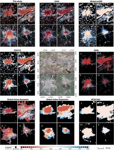 Figure 10. Dynamics of built-up area in four selected cities (1990–2019). The true color maps were taken from Google Earth high-definition images from 2019. GAIA: Global Artificial Impervious Area, ESA CCI: European Space Agency Climate Change Initiative, GHSL: Global Human Settlement Layer, MCD12Q1: MODIS Land Cover Type Product. Note that the start year for GAIA was 1985, making its city centers look darker than our product